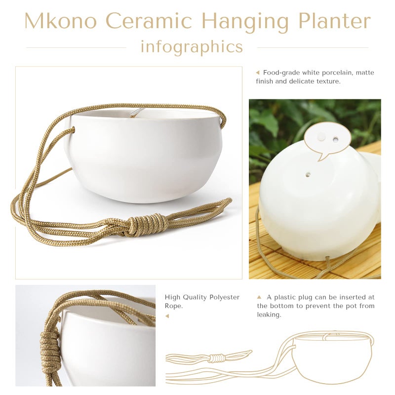 Mkono Ceramic Hanging Planter of Shallow 8 Inch and Deep 6 Inch for Indoor Outdoor Plants, Set of 2 Modern Plant Pot Geometric Porcelain Hanging Basket with Polyester Rope Hanger - Image 5